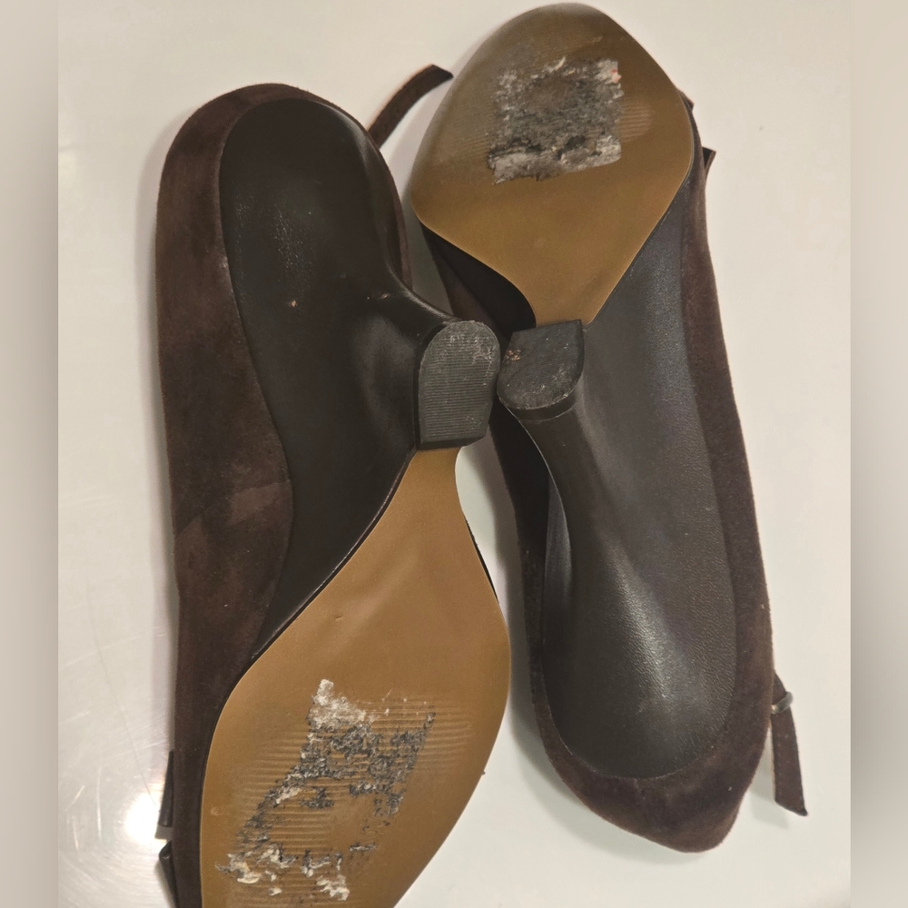 Brown Suede And Leather Ankle-Strap Wedges - size 7.5 - Picture 8 of 14